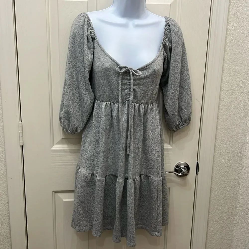 Max & Ash Gray Dress Sz Small Baby Doll Neck 3/4 Sleeve On Off Shoulder Mini